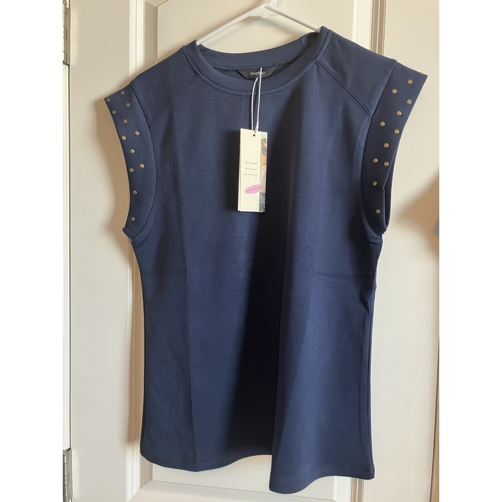 Dokotoo Women's Short Sleeve Studded Crew Neck Solid Top Blue Size Small C1152